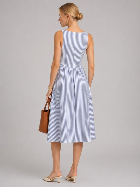 Dresses & Skirts - Light Blue White Striped Cotton Midi Dress Sleeveless
